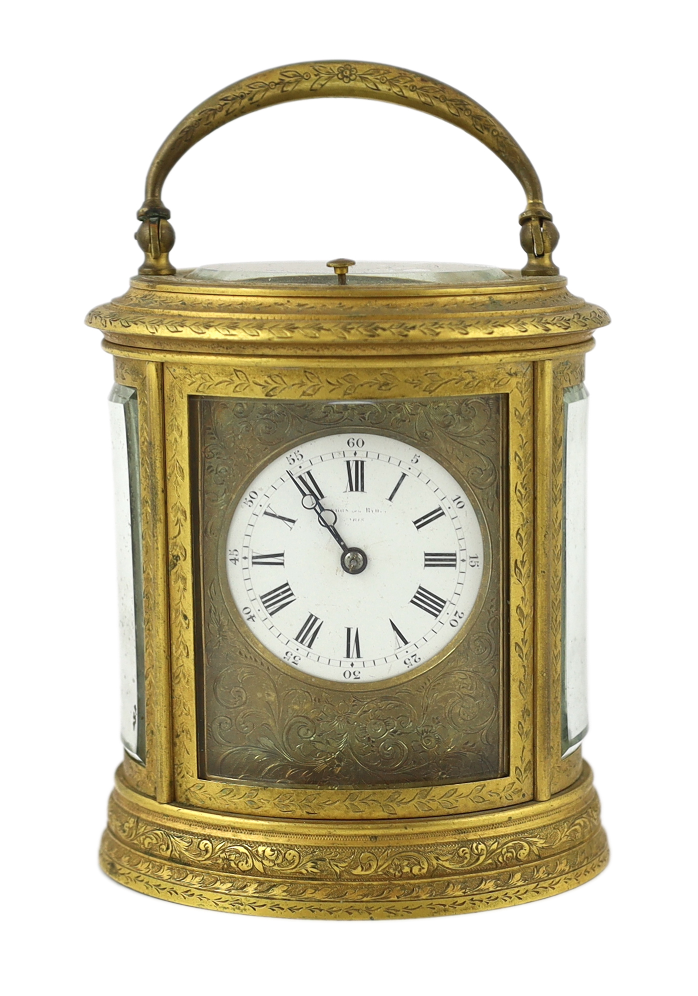 Drocourt & Co., a late 19th century French hour repeating ormolu oval cased carriage clock, 13.5cm high